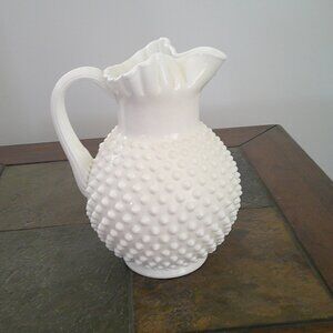 Vintage Fenton Hobnail  Milk Glass Pitcher w/ Ice Lip & Ruffled Rim 9 1/2" Tall
